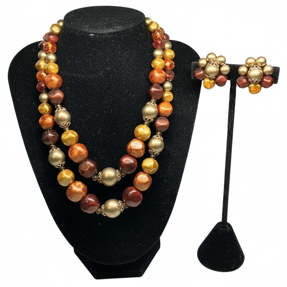 Vintage STAR Lucite Bead Necklace & Earring Set 1950s Marbled Autumn Beads